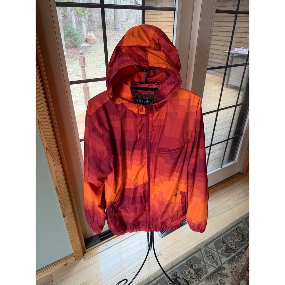 Volcom Womens Red Orange Pixel Geometric Full Zip Hooded Mesh Windbreaker Jacket